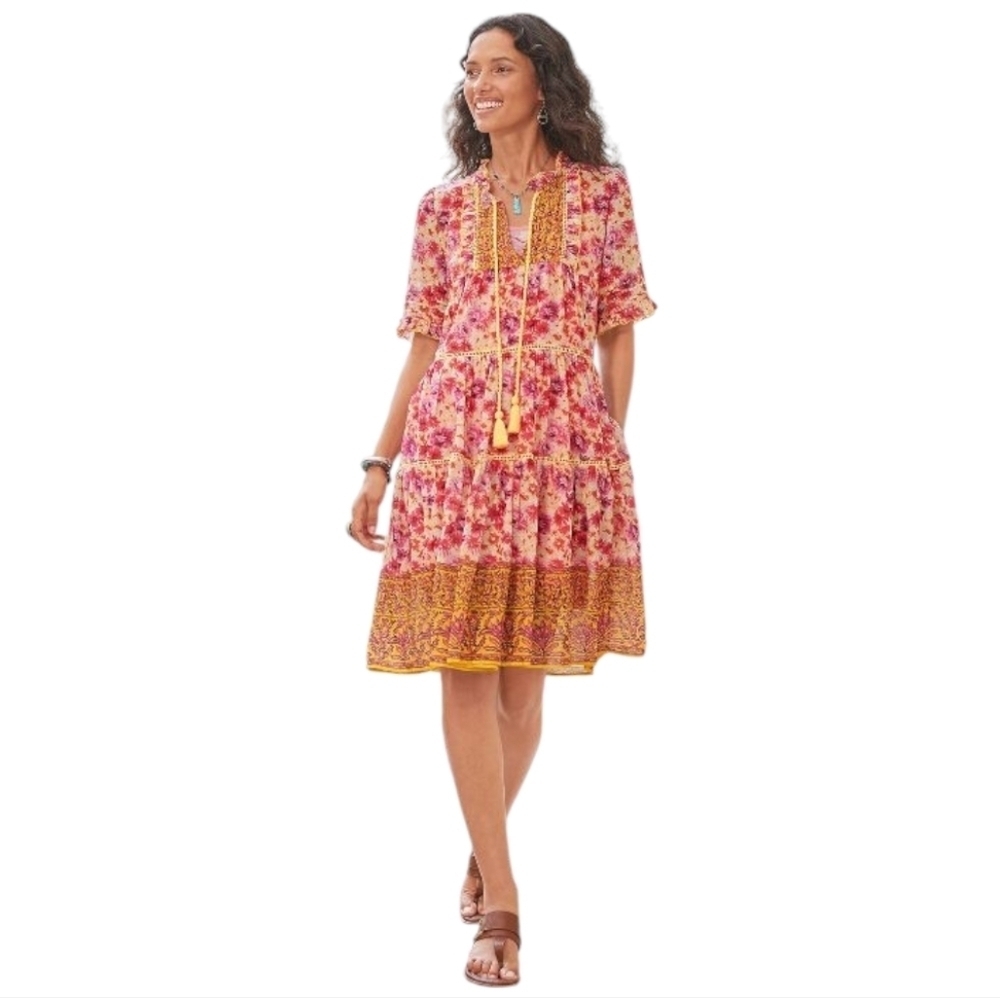 Sundance Fields Of Beauty Pink Yellow Tiered Midi Dress Tassel Ties Size XXL